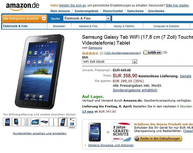 Produktseite von Amazon.de für Samsung Galaxy Tab WiFi-Tablet mit Preis und Funktionen aufgeführt.