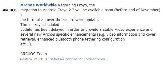 Screenshot eines Facebook-Beitrags von Archos, der über das Android Froyo 2.2 Update informiert.