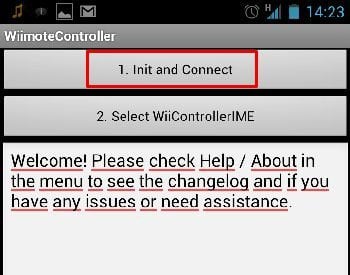 Écran d'application WiimoteController avec options pour initier la connexion et sélectionner WiiControllerIME, et un message de bienvenue.