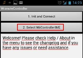 Interface de l'application WiimoteController affichant des options de connexion et un message de bienvenue.