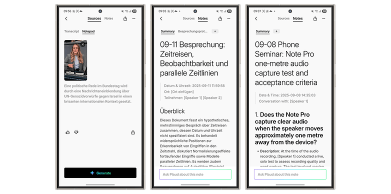 Screenshots of a note-taking app showing options for creating notes and settings for audio transcription.