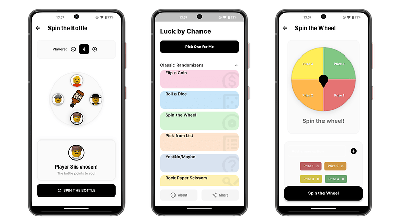Drei Smartphone-Bildschirme zeigen Spiele: "Flasche drehen," "Zufallsspiel" und "Rad drehen." Drei Smartphone-Bildschirme zeigen Spiele: "Flasche drehen," "Zufallsspiel" und "Rad drehen."
