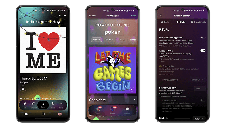 Três telas de smartphone exibindo detalhes do evento para 'indie sleaze bday' e 'reverse strip poker'.