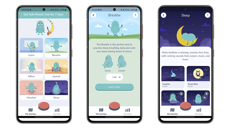 Drei Smartphone-Bildschirme, die die Funktionen der Rootd-App zeigen: Lernen, Atmen und Schlafen, mit beruhigenden Illustrationen.