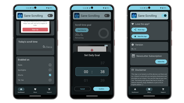 Trois écrans de smartphone affichant l'interface de l'application Sane Scrolling avec des paramètres de temps de défilement et des options.