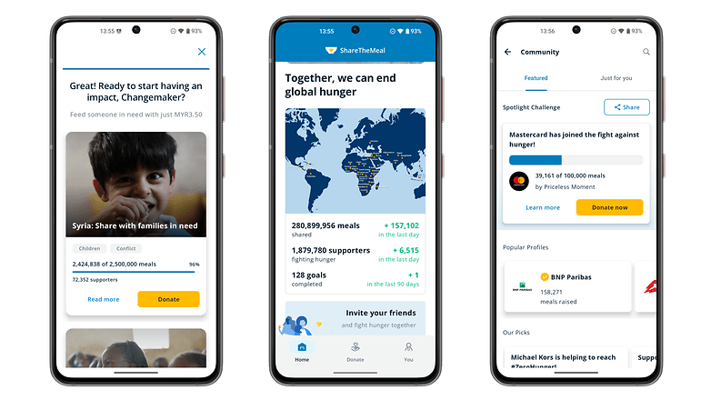 Screenshots von Mobilanwendungen, die eine Hungerhilfekampagne und Spendenoptionen zeigen. Screenshots von Mobilanwendungen, die eine Hungerhilfekampagne und Spendenoptionen zeigen.