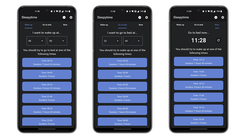 Três telas de smartphone exibindo um aplicativo de programação de sono com horários de despertar e dormir.