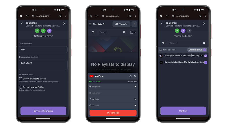 Trois écrans de smartphone affichant l'interface de transfert de playlist Soundiz.