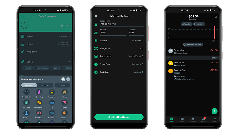 Drei Smartphone-Bildschirme, die Budgetierungs- und Transaktionsverwaltungsfunktionen anzeigen.