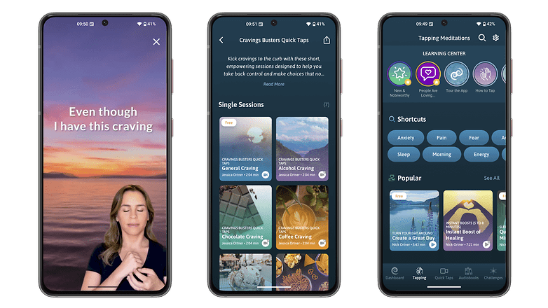 Drei Smartphone-Bildschirme zeigen eine Meditations-App mit den Sitzungen 'Cravings Busters Quick Taps' und 'Tapping Meditations'.