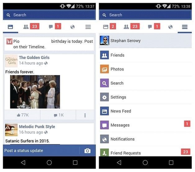 AndroidPIT Facebook Lite newsfeed sections