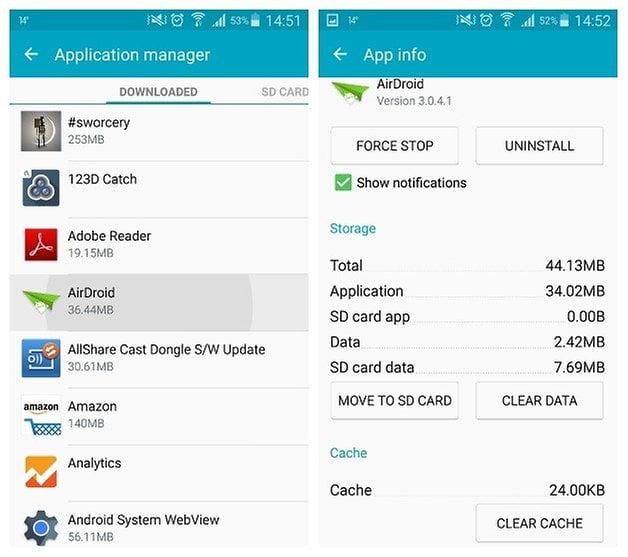 AndroidPIT Galaxy Note 3 Android 5 0 Lollipop app manager clear cache data airdroid