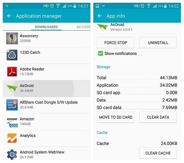 AndroidPIT Galaxy Note 3 Android 5 0 Lollipop app manager clear cache data airdroid