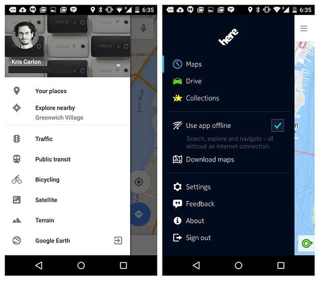 AndroidPIT Google Maps Nokia Here comparison nav drawer