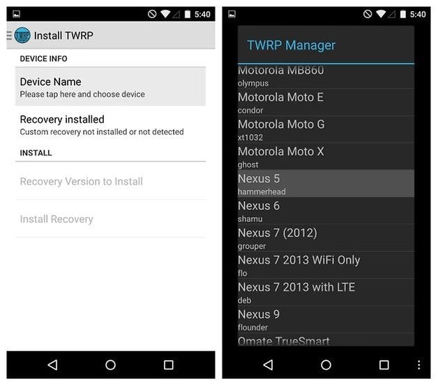 AndroidPIT Nexus 5 custom recovery TWRP device model selection