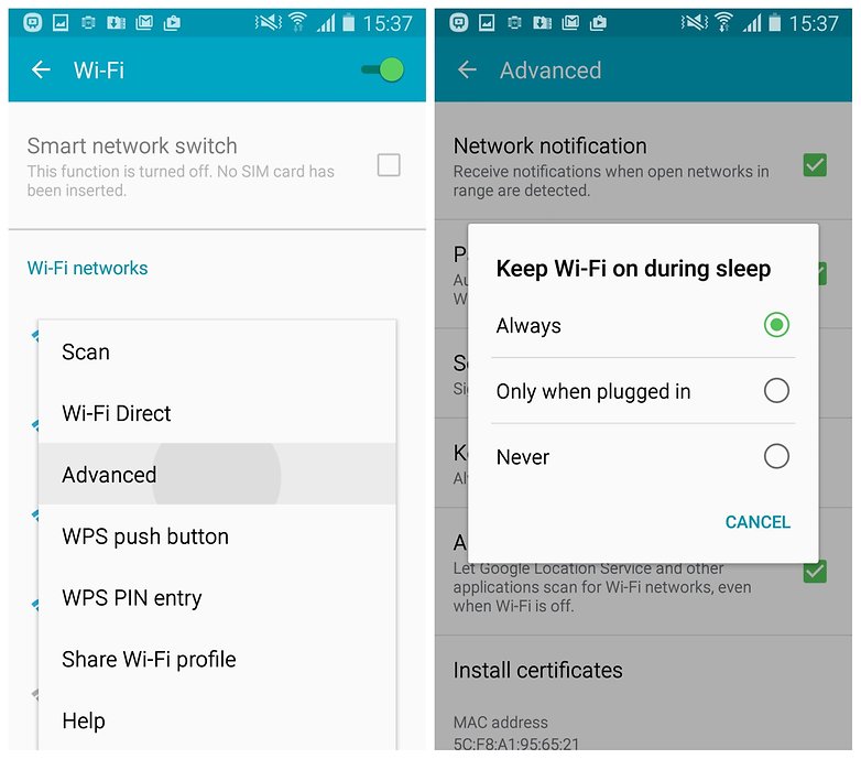 AndroidPIT Galaxy S4 Lollipop Wi Fi settings off while asleep