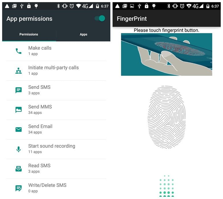 AndroidPIT Mlais M7 app permissions finger scanner