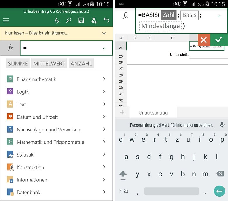 excel for android edit formula de