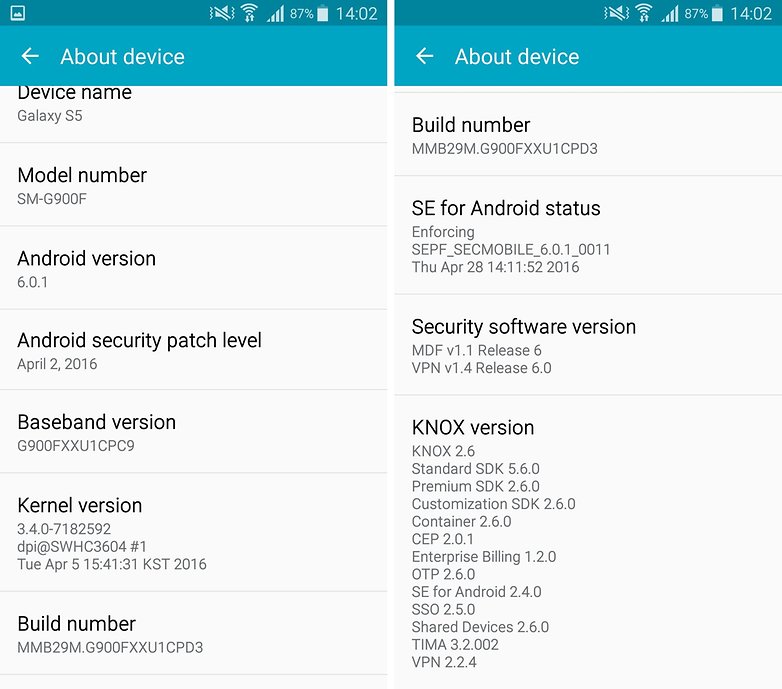 samsung galaxy s5 marshmallow build number