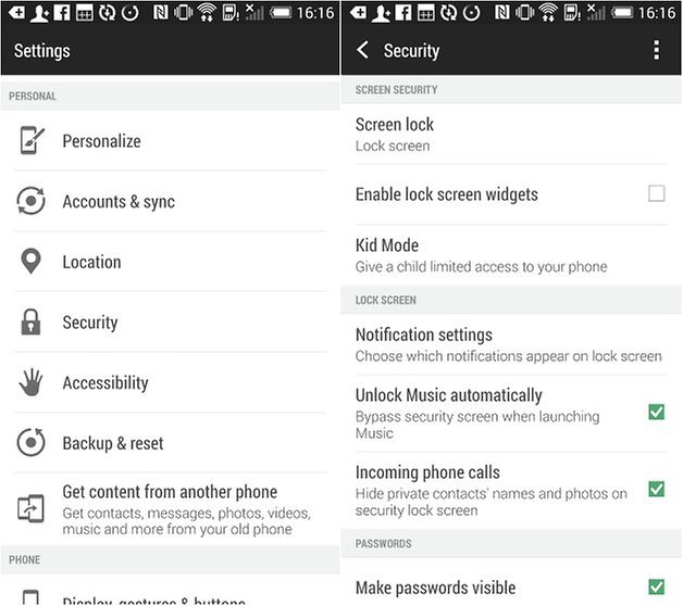 androidpit htc one m7 settings lock screen security