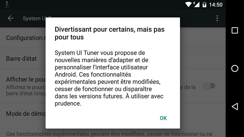 comment activer menu cache system ui tuner android message avertissement image 00