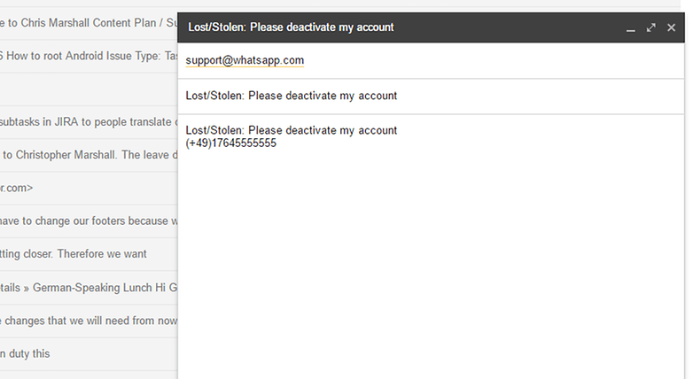Sample e-mail to request deactivating a WhatsApp account.