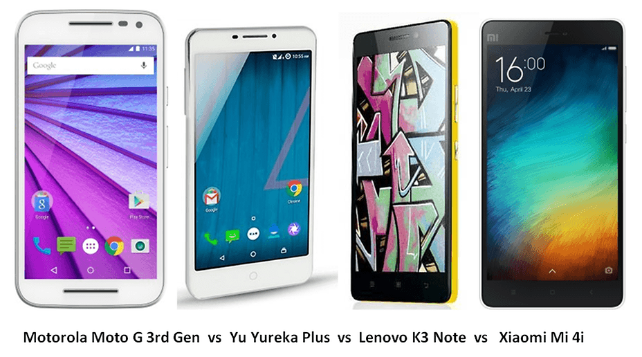 Motorola Mot G third gen vs Yu Yureka Plus vs Lenovo K3 Note vs Xiaomi Mi 4i