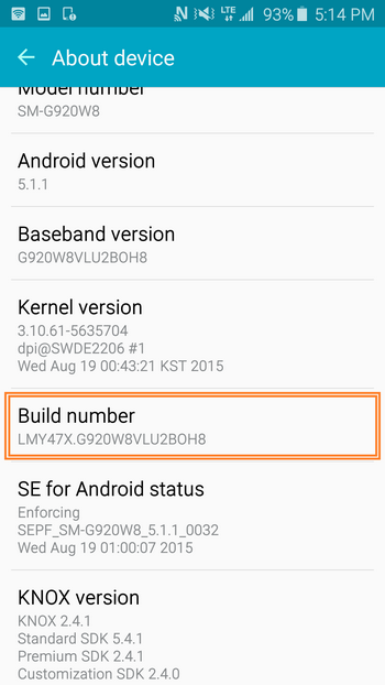 samsung build number