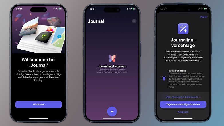 Drei Screenshots der Apple-Journal-App