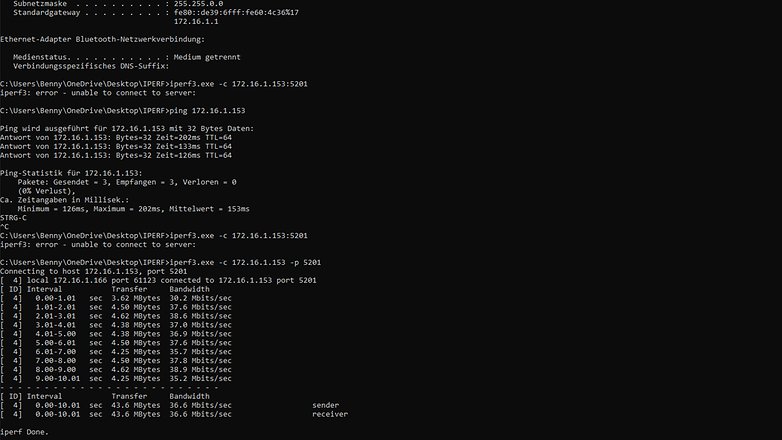 Screenshot von der DOS-Eingabe unter iPerf.