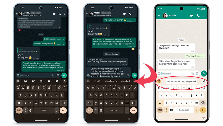 Screenshot WhatsApp mit "Smart Reply"Funktionen auf Basis von Gemini Nano