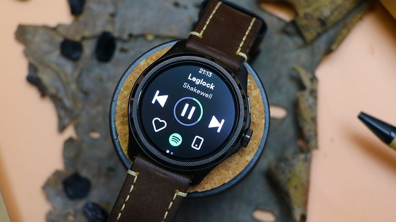 TicWatch Pro 5 smartwatch displaying the music controls in the screen