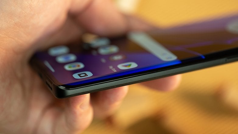 Motorola Edge (2023) viewed from the side, with its thin profile