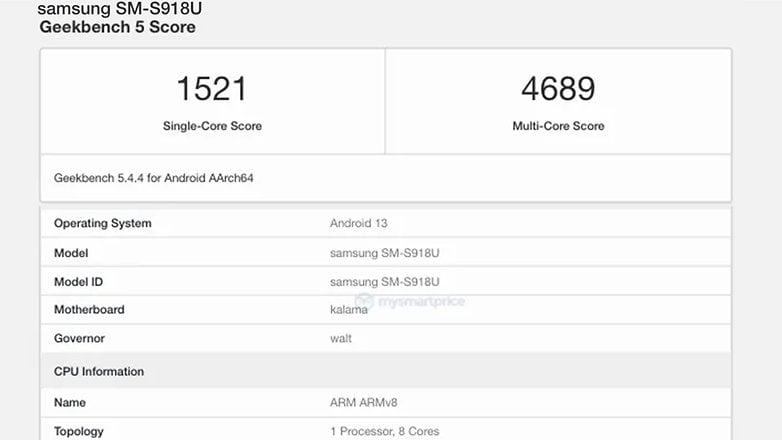 Geekbench Datenbankeintrag des Samsung Galaxy S23 Ultra.