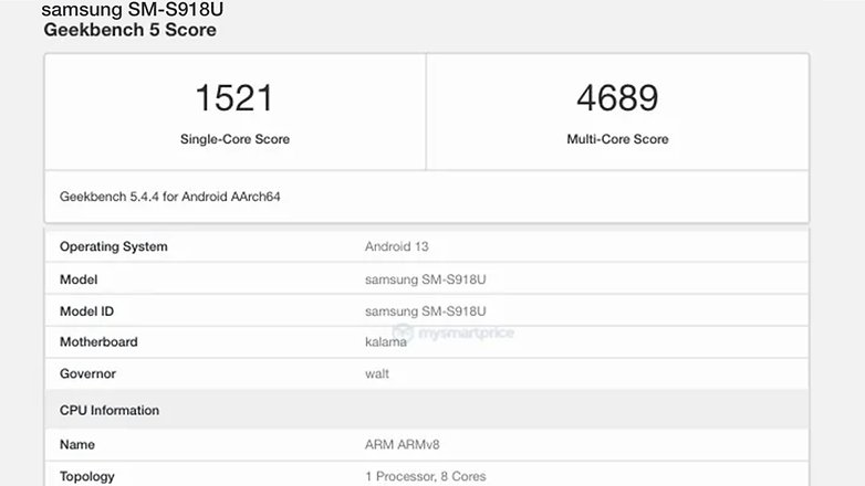 Geekbench Datenbankeintrag de Samsung Galaxy S23 Ultra.