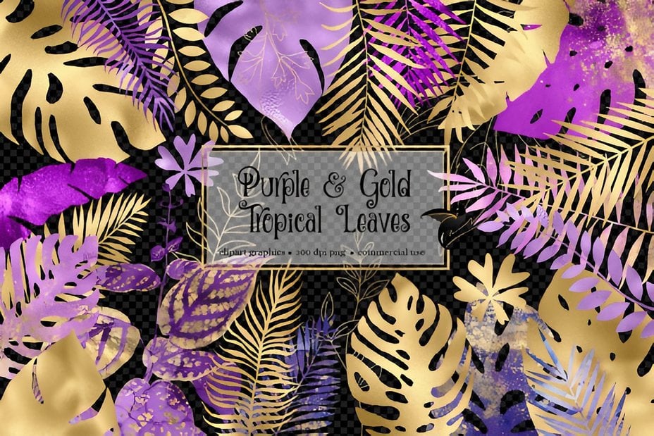 Purple and Gold Tropical Leaves Clipart Graphics 4170899 2 580x387__1