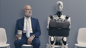 Person and Roboter sitting on chairs