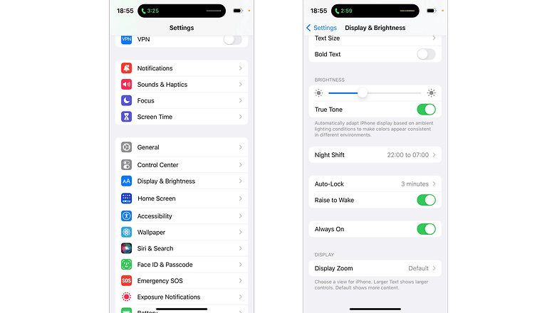 Screenshots showing how to deactivate always-on display