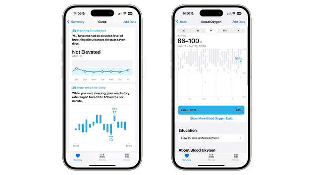 Capturas de tela do Apple Watch que mostram como funciona a análise do sono.