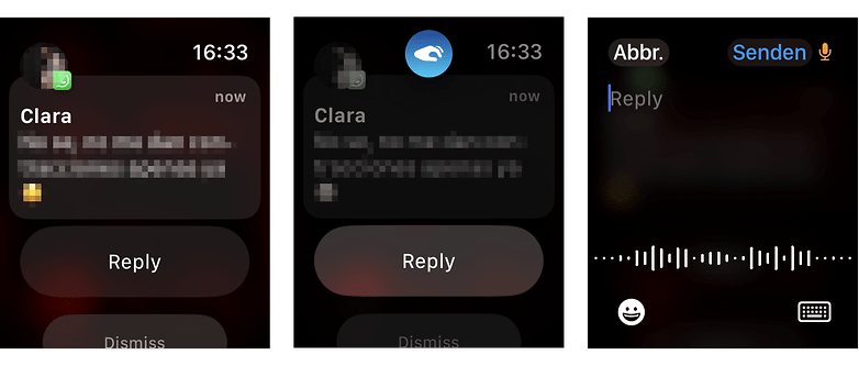 Captures d'écran de l'Apple Watch Ultra 2 avec les réponses aux messages WhatsApp via DoubleTap