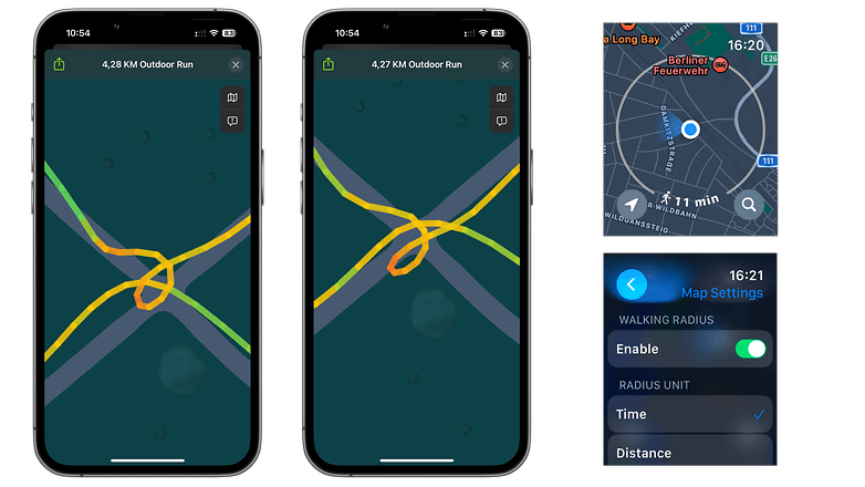 Dois smartphones exibindo mapas de corrida ao ar livre com estatísticas de distância e um painel de configurações de mapa.