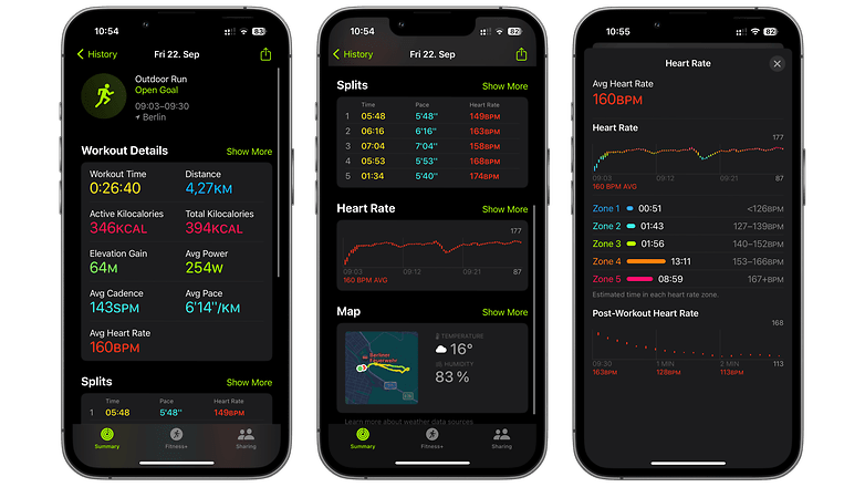 Resumo do treino com detalhes da frequência cardíaca e divisões para corrida ao ar livre do Apple Watch Ultra 2.