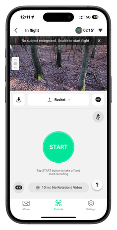 DJI Neo app interface shows a forest scene with a 'START' button and flight status.