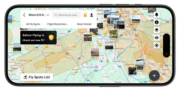 Map view with airfields in a district and options for filtering and checking flight paths.