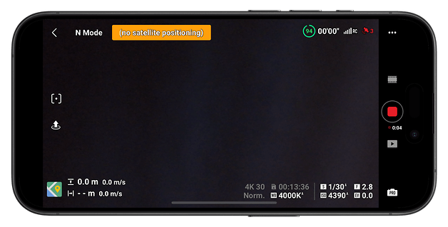 Smartphone screen shows the DJI Neo app in N mode without satellite positioning.