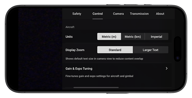 DJI Neo drone control app settings menu, showing options for units, zoom, and gain tuning.