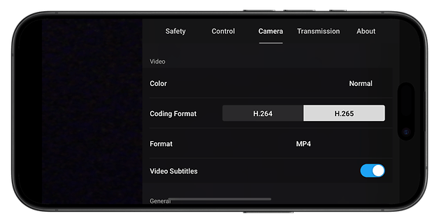 Settings menu on a smartphone shows video options including H.264 and H.265 encoding formats.