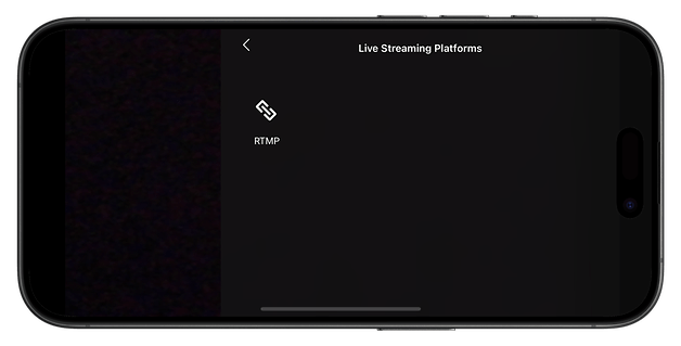 Ein Smartphone-Bildschirm zeigt ein Menü für die Einstellungen von Live-Streaming-Plattformen mit RTMP-Option.