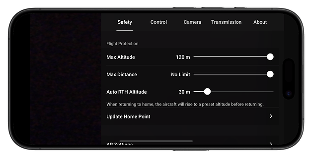 Screen of a mobile device with flight safety settings for a drone.