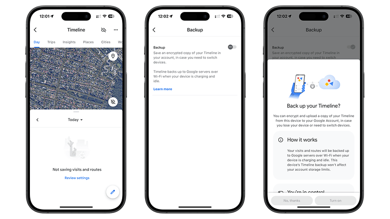 Drei Smartphone-Bildschirme, die Google Maps-Timeline und Backup-Optionen anzeigen.